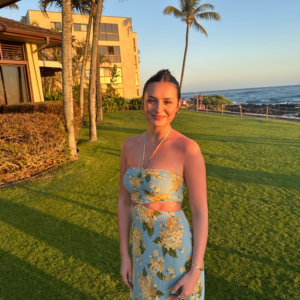 Reformation Halter Maxi Dress in Blue and Yellow Floral
